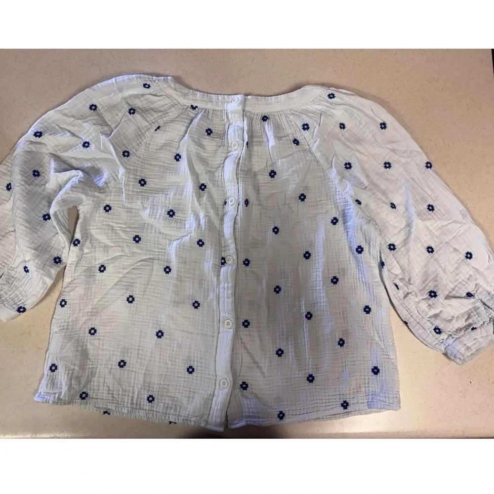Madewell White Blue Embroidered Double Gauze Button Back Puff Sleeve Top M